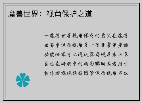 魔兽世界：视角保护之道